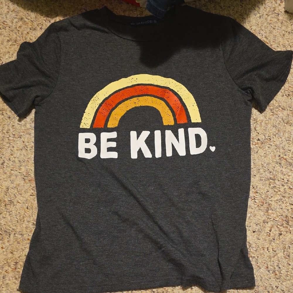 Kids 'Be Kind' Graphic Tee - Charcoal with Yellow & Orange Rainbow